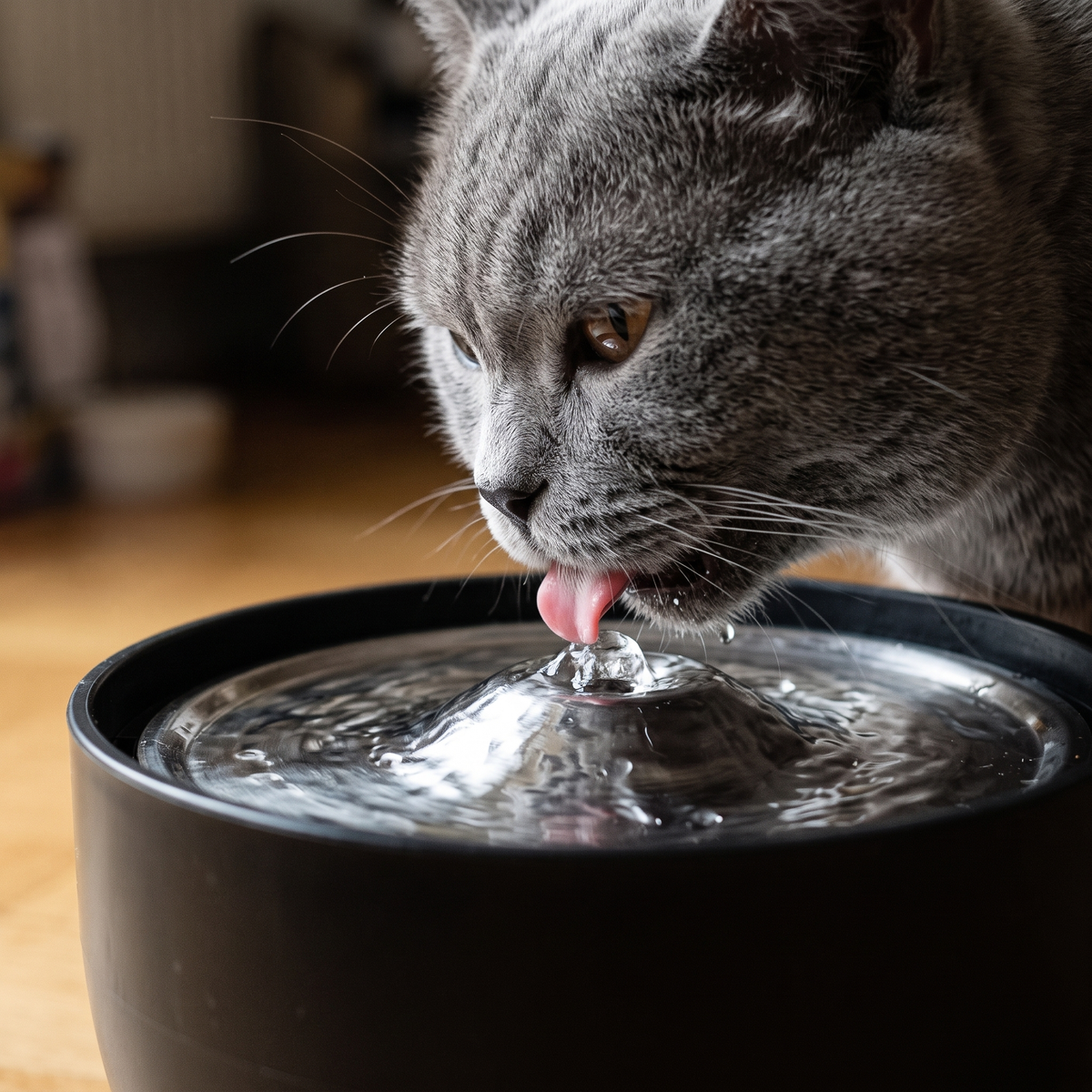 Close-up of a cat drinking flowing water from the steel plate