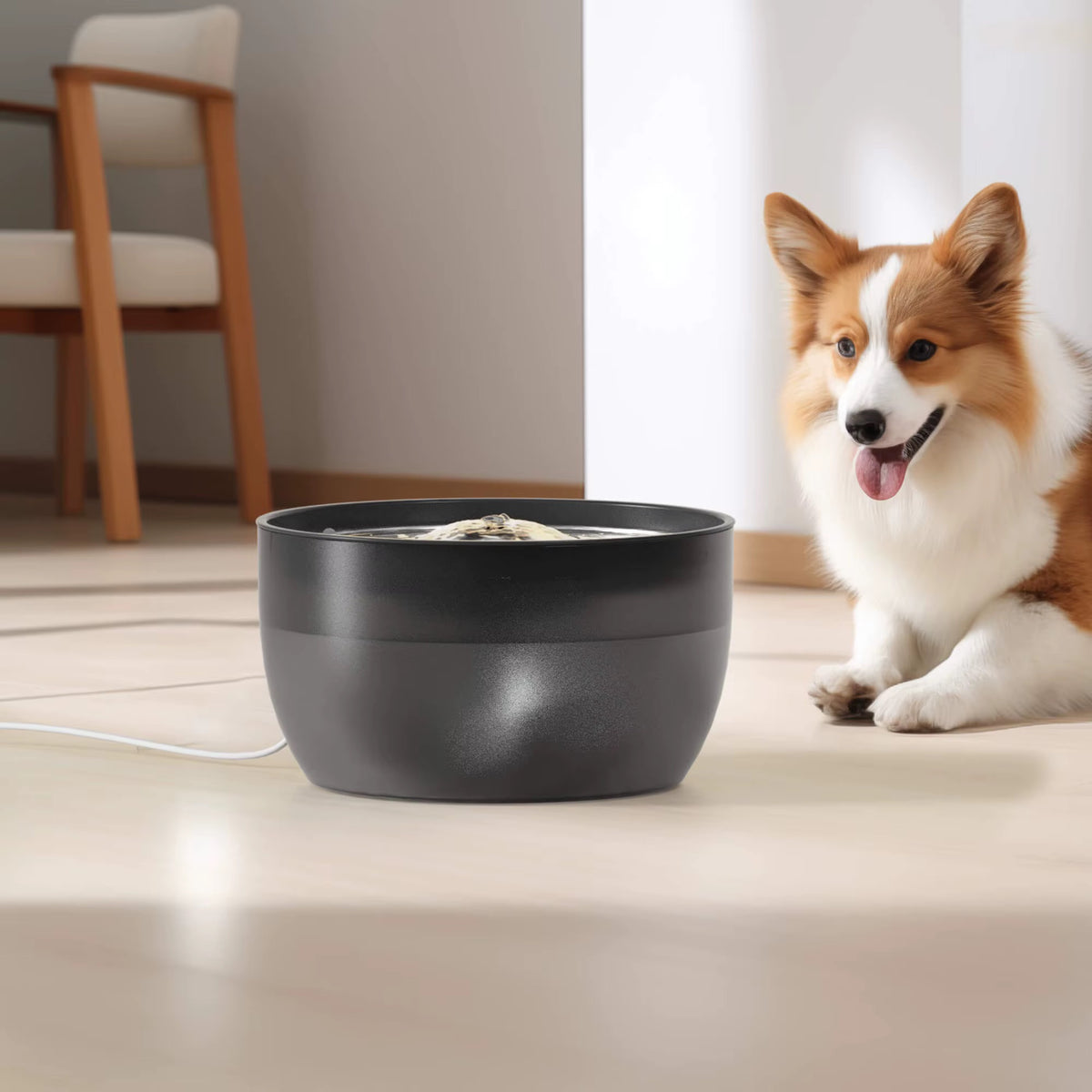 Corgi waiting beside the NOOKZY Fountain in Charcoal