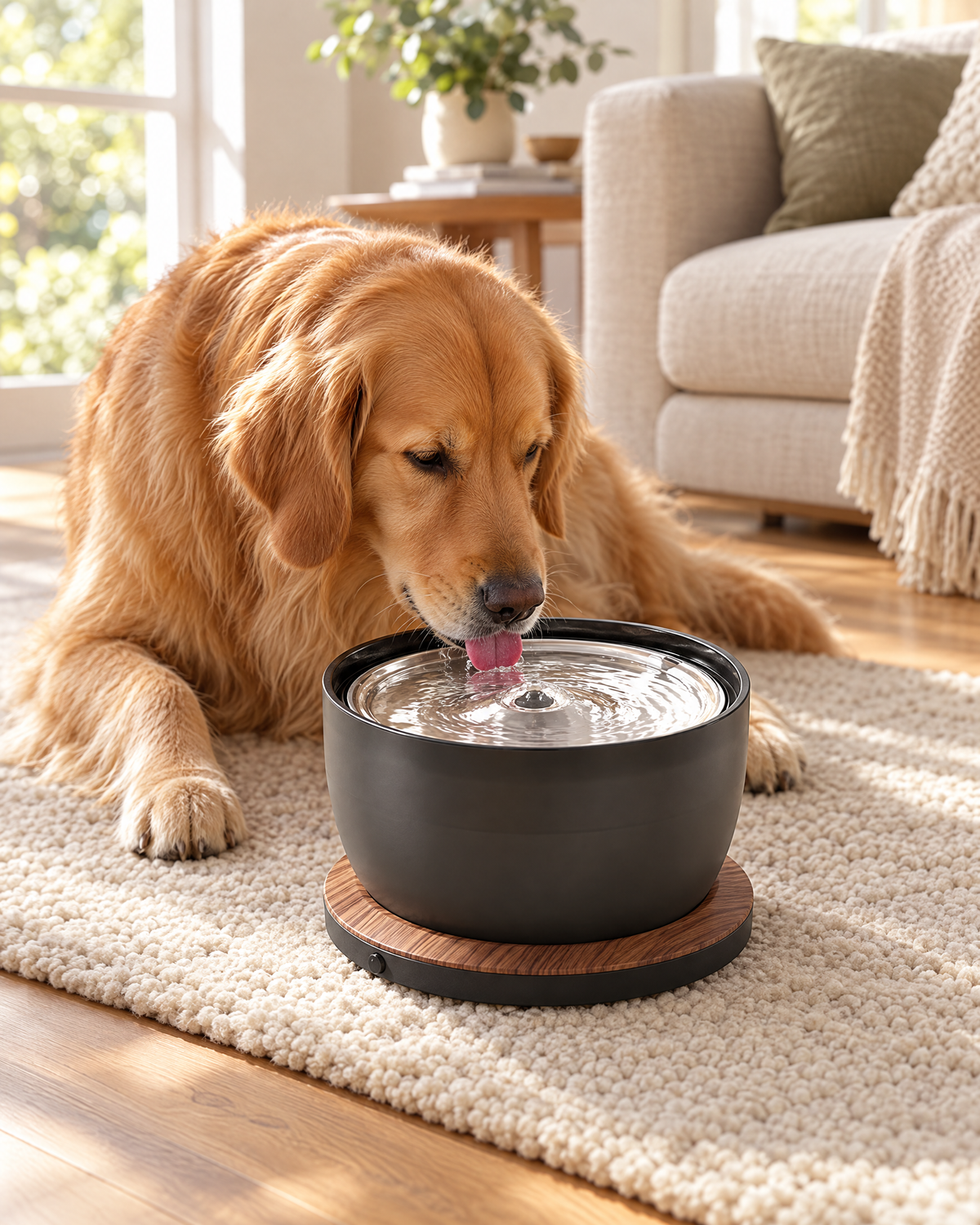 Golden retriever drinking from the fountain on a living room rug