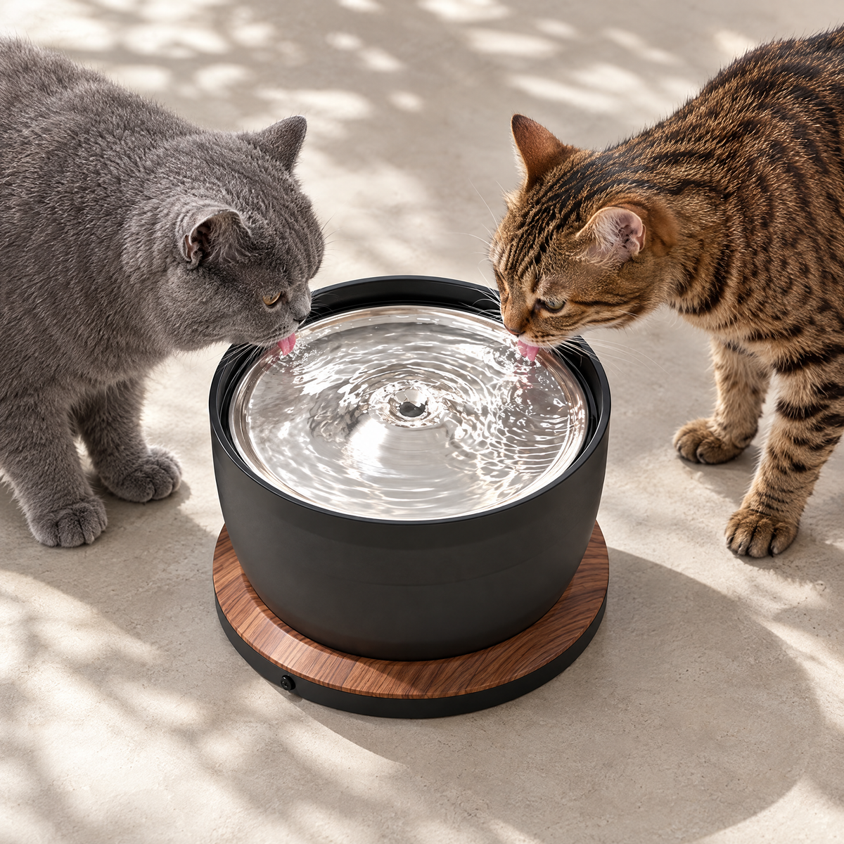 Two cats drinking at once from the 360-degree steel tray