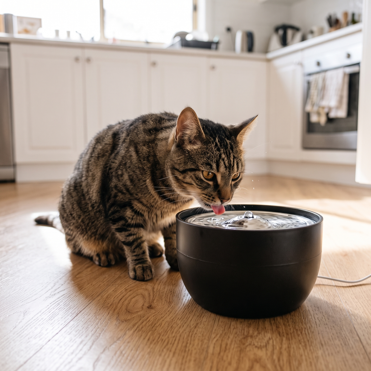 Tabby cat drinking from the NOOKZY Fountain in a sunny kitchen