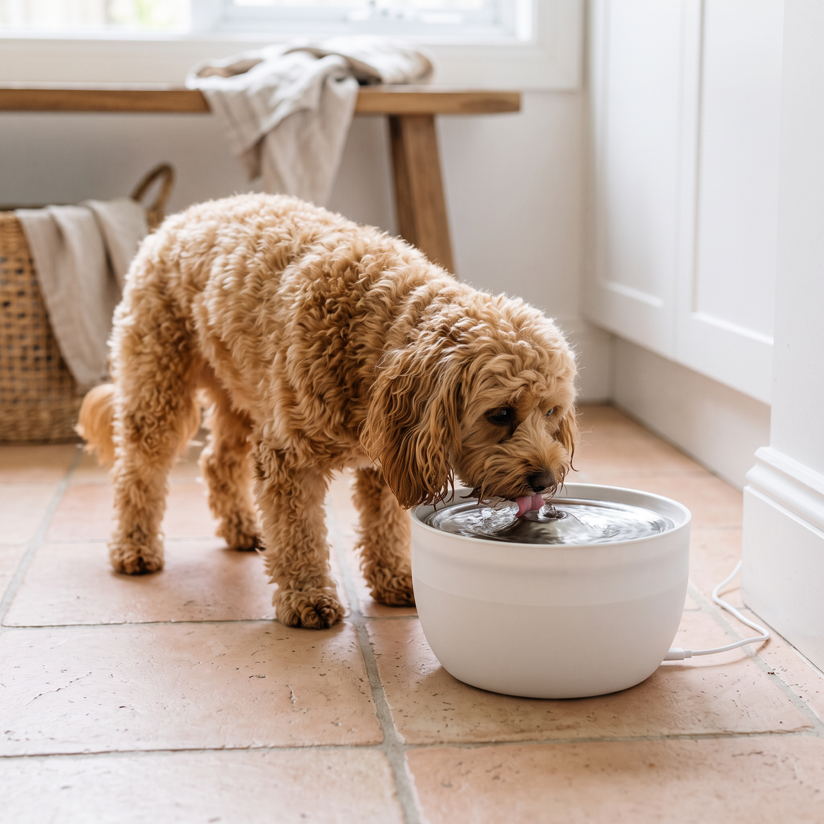 Cavoodle drinking from the NOOKZY Fountain in Milk