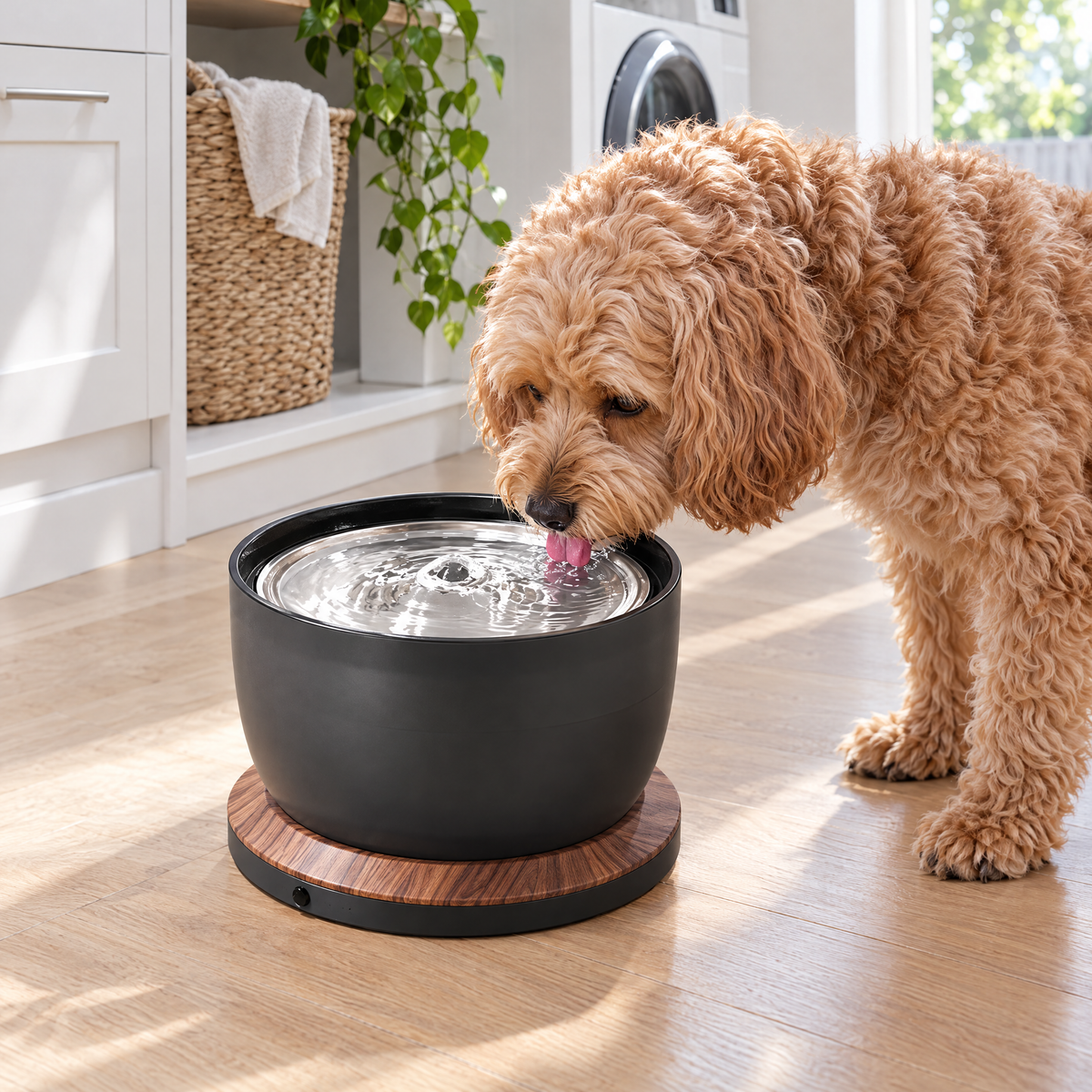 Cavoodle drinking from the cordless NOOKZY fountain in a laundry