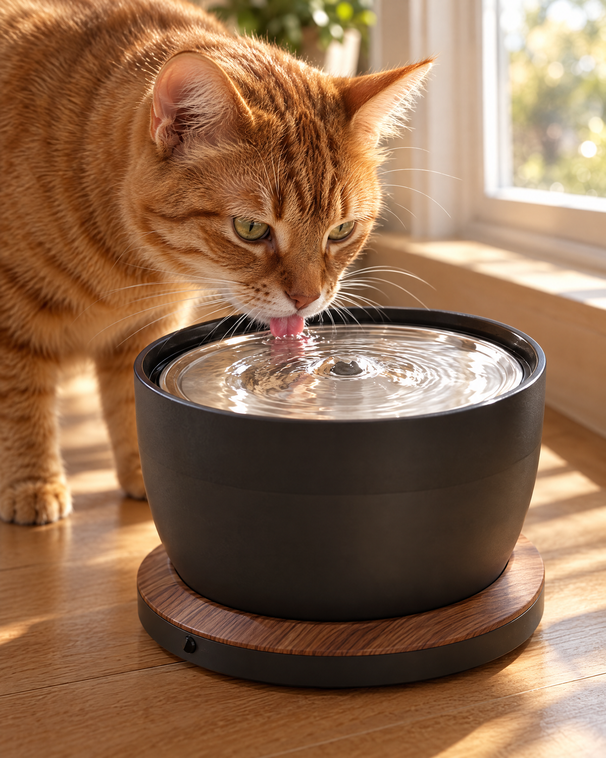 Ginger cat drinking from the cordless NOOKZY fountain by a sunny window