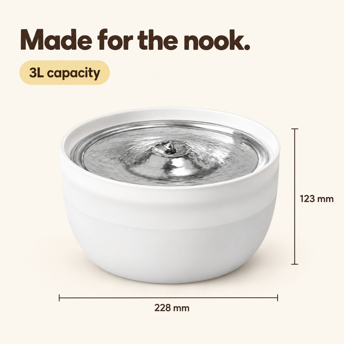 NOOKZY Fountain dimensions: 228 mm wide, 123 mm tall, 3L capacity